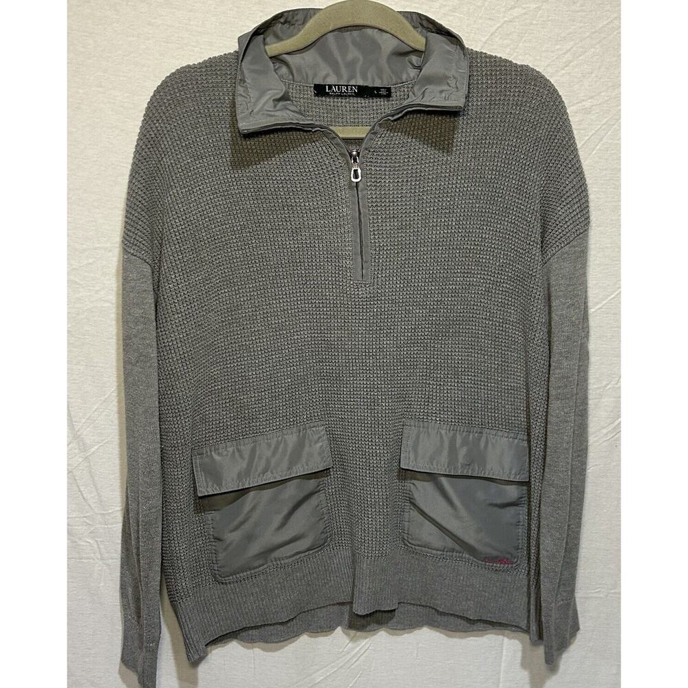 Lauren Ralph Lauren Gray Fisherman Sweater Pockets Ladies Size Large